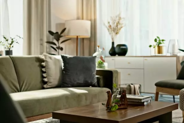 Living room, interior design and background of home with furniture, sofa and coffee table in proper