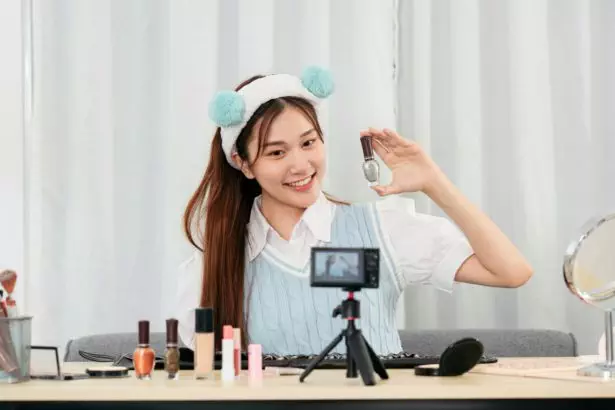 Young beauty influencer smiling and showing to recommend nail polish product while recording video