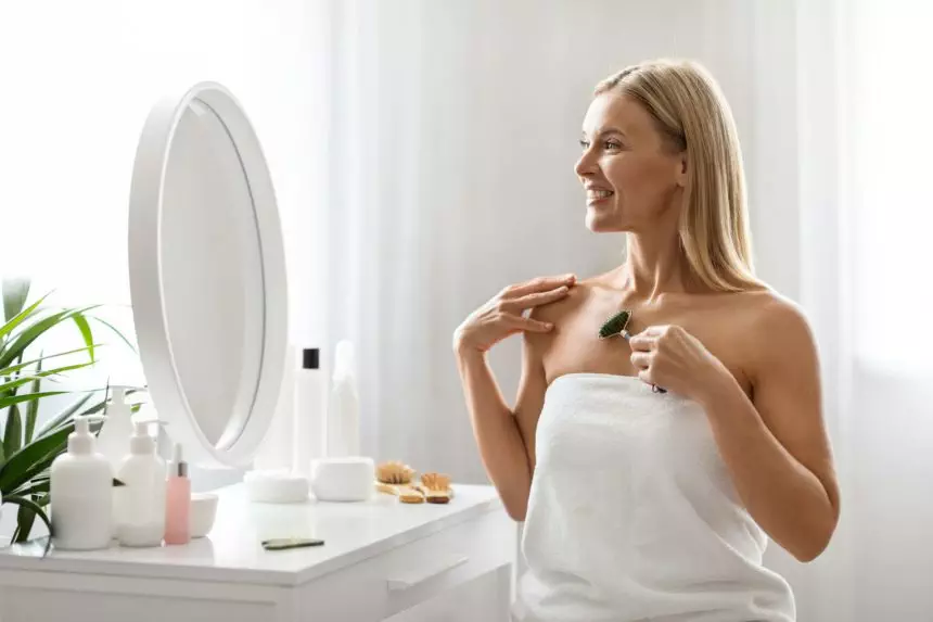 Anti-Aging Skincare. Beautiful Woman Massaging Skin With Greenstone Jade Roller At Home