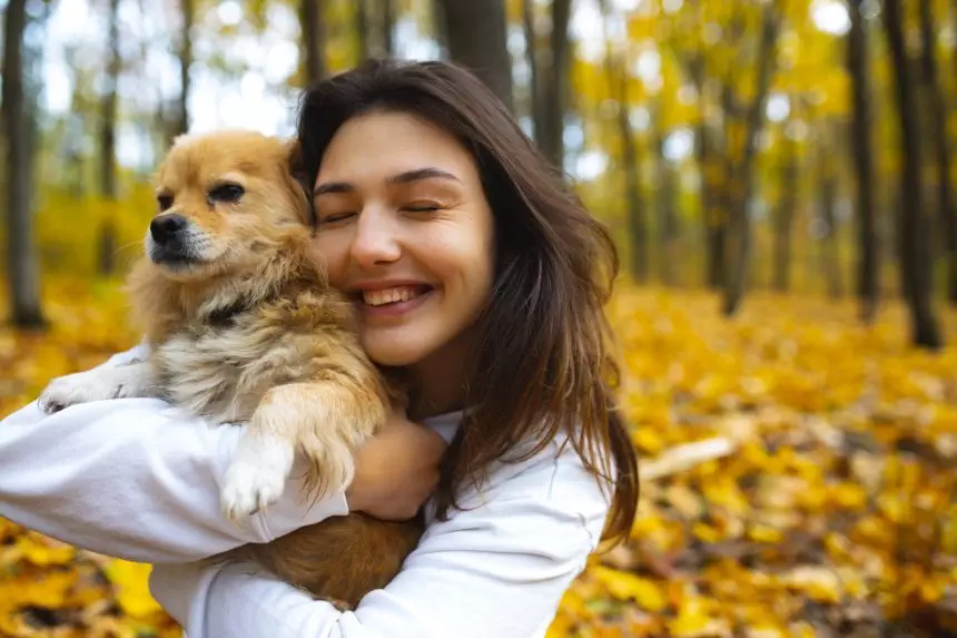 A girl walks with her dog in the lseny forest. Walk with the dog. Selfie with your pet. Cute pet.